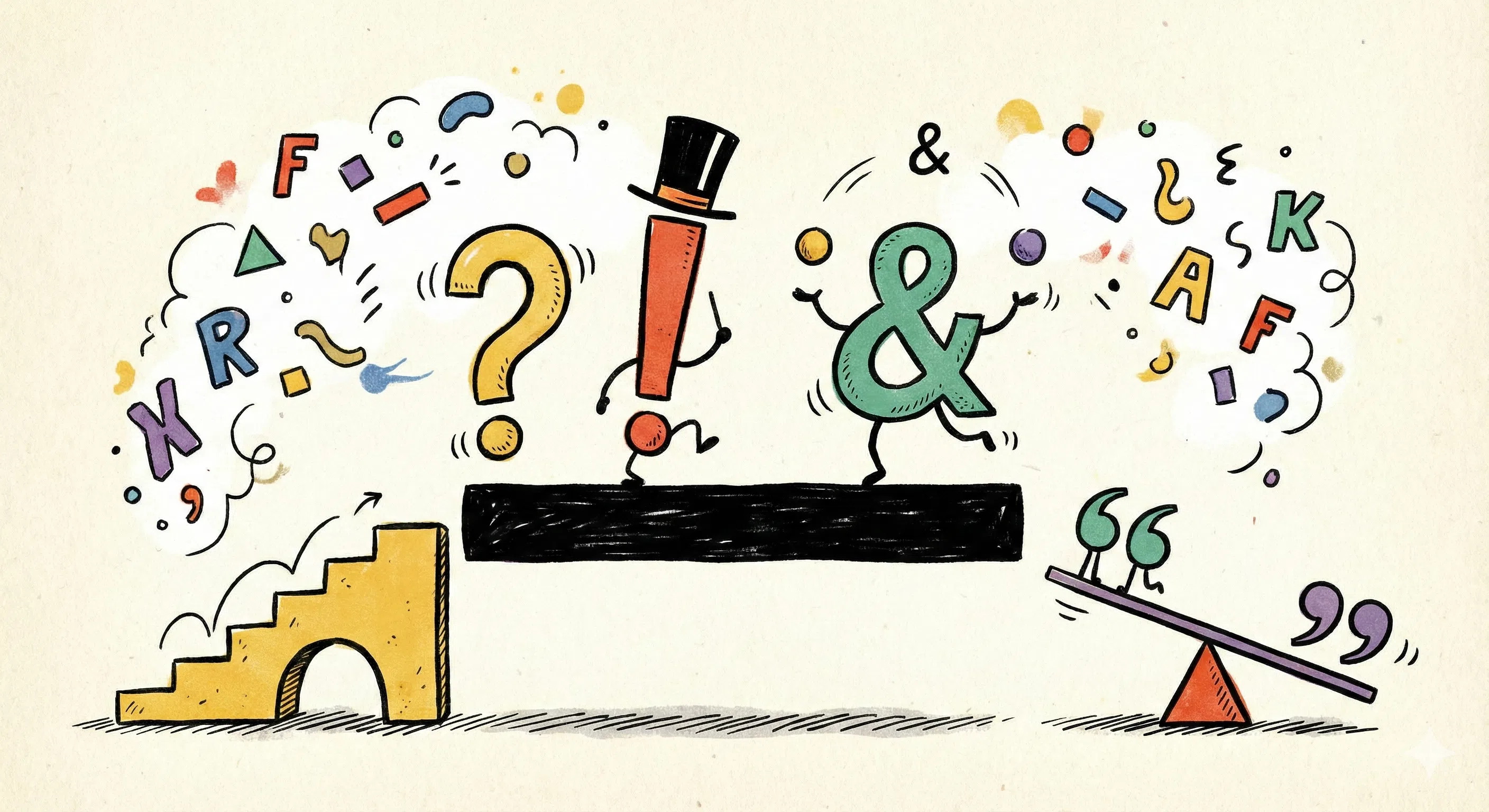 Whimsical illustration of lively punctuation characters performing on a long black em dash at the center.