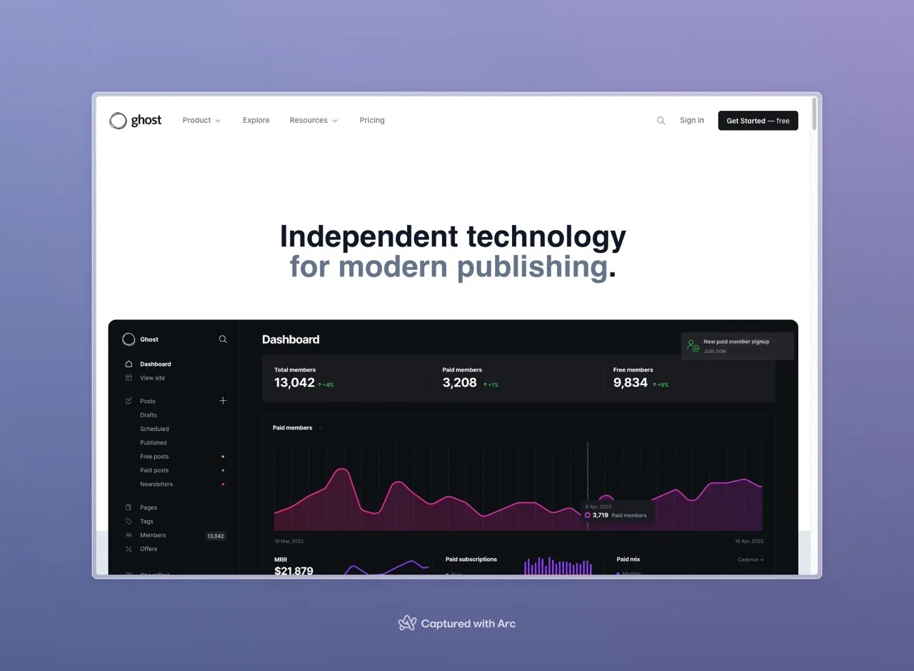 screenshot of the ghost.org homepage