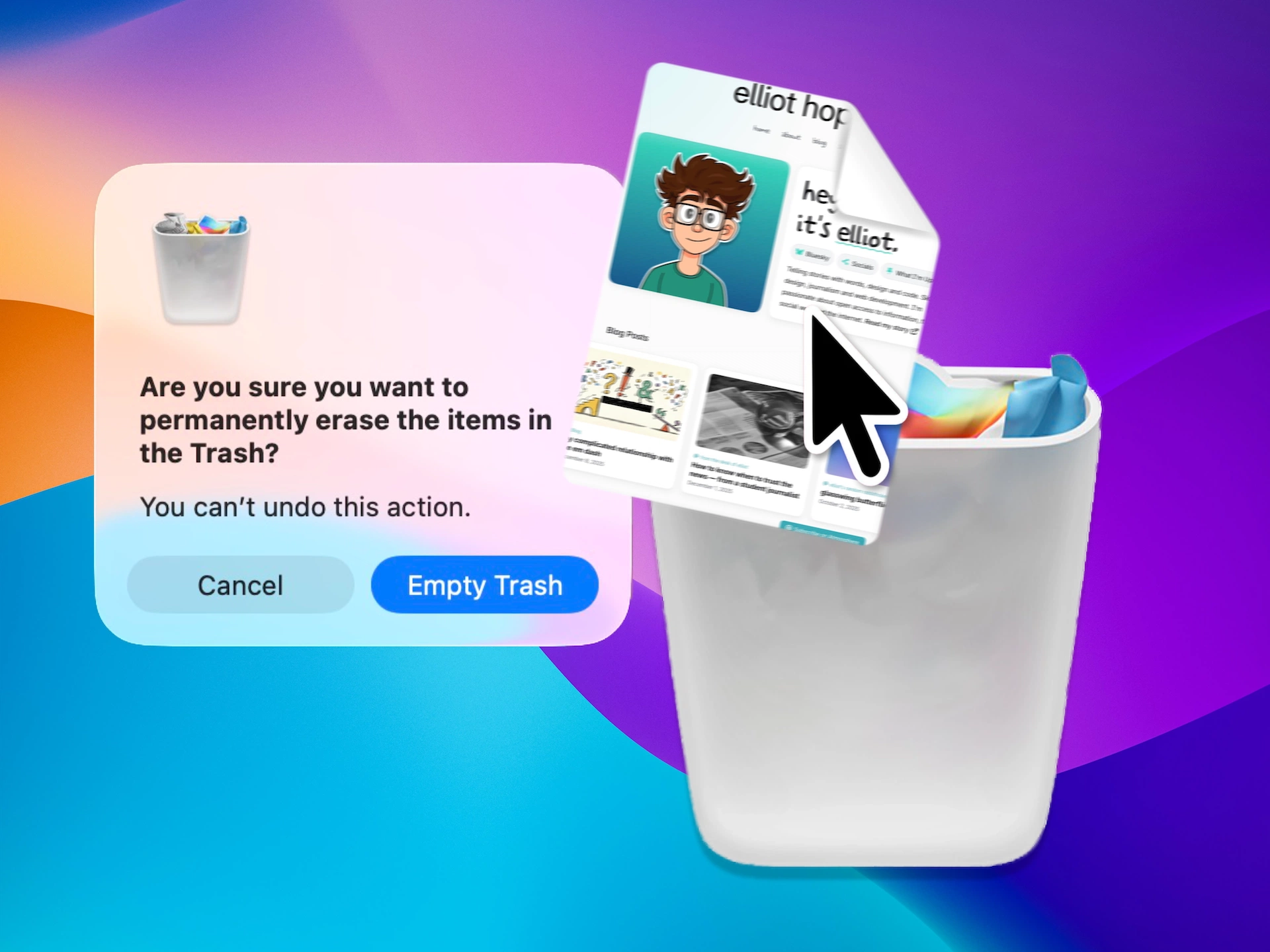 A confirmation dialog asking "Are you sure you want to permanently erase the items in the Trash?" with "Cancel" and "Empty Trash" buttons, next to a trash can containing crumpled papers and a webpage with a cartoon avatar being dragged into it by a cursor.